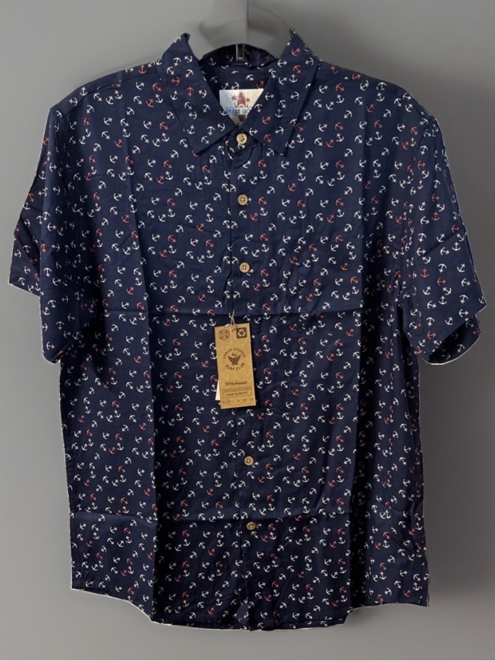 NWT Men's Navy Anchor Print Short-Sleeve Button-Up Shirt